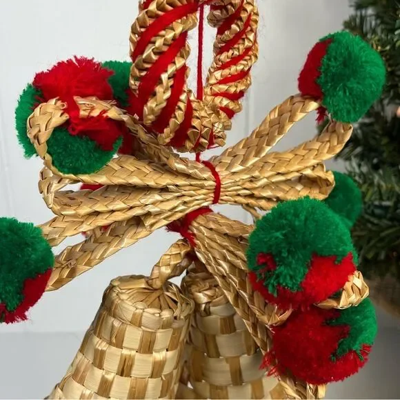 Vintage Straw Rattan Wicker Woven Hanging Basket Bells Christmas Decor Boho MCM - Picture 8 of 12